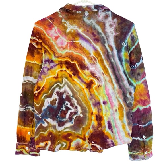 Handmade Geode Tie Dye Button Down Shirt Womens Small Colorful Cotton Crepe Pink - Picture 2 of 13